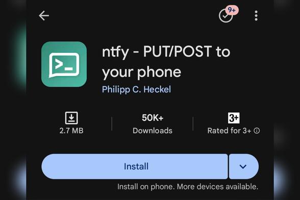 ntfy app info page with install button highlighted