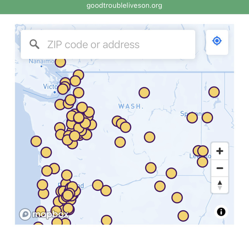 Map showing locations of the “Good Trouble Lives On” protests being held in Washington state on Thursday, July 17th, 2025.