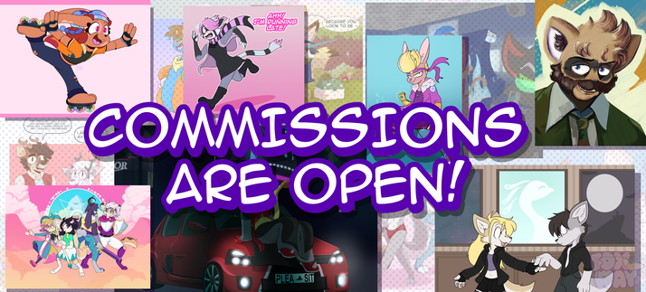 a collage style banner featuring multiple pieces of art by mysself! Bold text overlays and says "Commissions are open!"