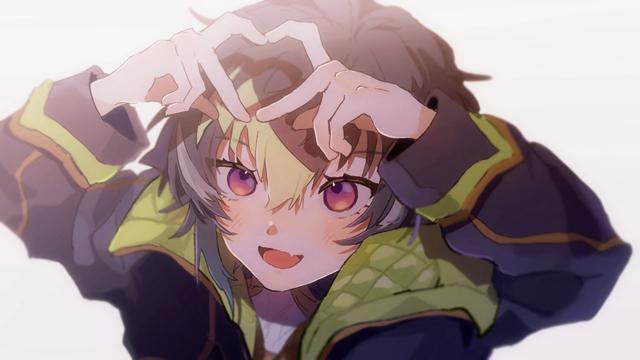 Anime boy shows heart symbol by hands