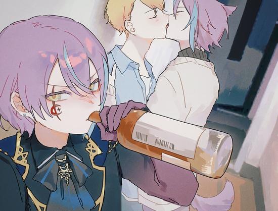Catboy Kusses another anime boy at the background. Somebody drinking alcohol at the foreground