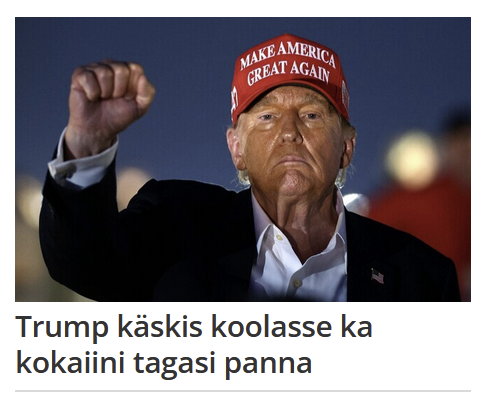 Donald Trump on öösel õues, tervituseks tõstetud parem käsi rusikas, oma punase tekstimütsiga ning kuldseks võõbatud näoga. Ta on väeti ja vana rauk ja teeb tõsist nägu.

Pealkiri: "Trump käskis koolasse ka kokaiini tagasi panna"