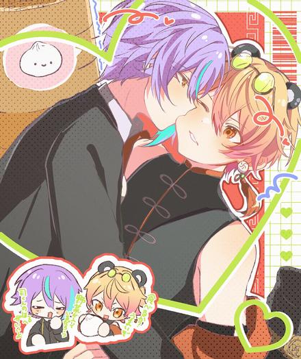 Anime boy bites another boy's cheek