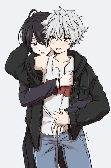 Two anime boys hugging