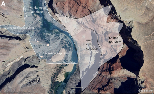 Nankoweap dam conceptualization and dam remnants. The hypothesized landslide area and Nankoweap paleolake extent are shown overlaid on a Google Earth satellite image of inner Marble Canyon, Arizona.