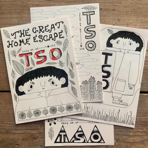The covers of four comics/zines illustrated with black ink and featuring detective Tso looking both slightly angry and forlorn.