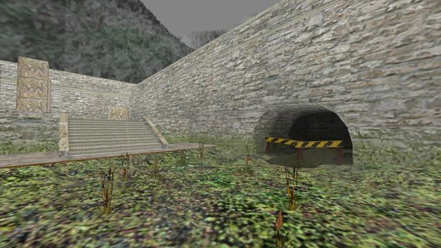 In this picture you can see gray walls from right to left, a tunnel that is closed off with two wooden barriers, a staircase, seven decorated stone blocks. Furthermore, grass can be seen in the foreground. This is on the map de_aztec in the game Counter-Strike 1.6.