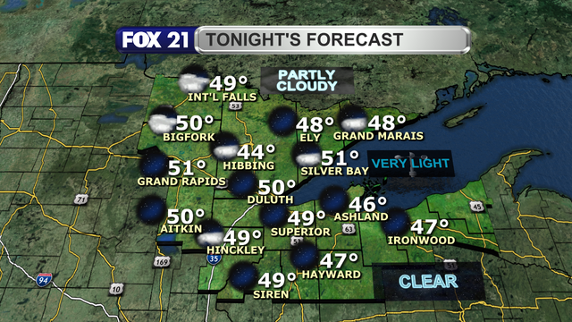 Clouds will be on the increase across the Northland Thursday night, but we remain dry.  Winds will be very light with low temperatures in the 40s and low 50s.