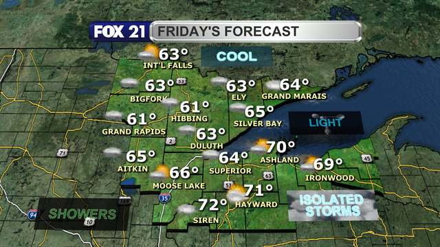 A weak storm system will bring showers and a few thunderstorms through the Northland Friday.  Winds will be light with high temperatures on the cool side in the 60s and low 70s.