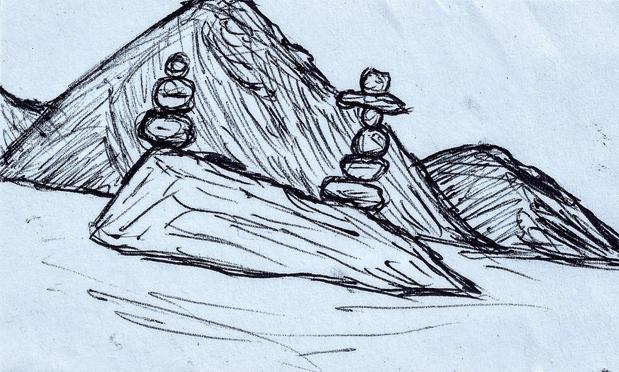 you need to get up

mountains drawn in pen, during a meeting, on the back of the peel thing of a name tag.

normally I'd straighten it, but i like the dutch angle. looks like you're laying on the ground.