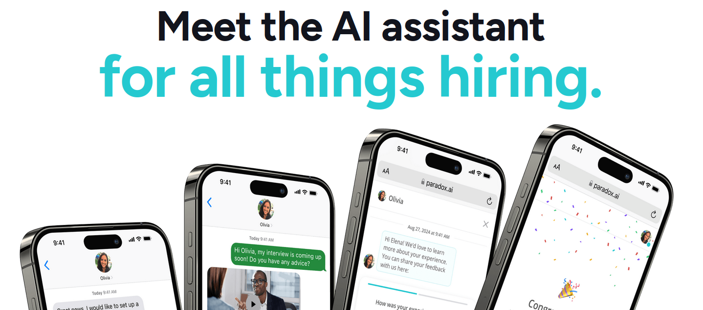 A screenshot of the paradox.ai homepage showing multiple phones using its AI hiring chatbot “Olivia” to interact with potential hires.