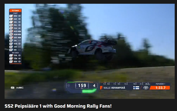 Kuvankaappaus rally.tv:stä, jossa ralliauto hyppää nyppylän yli. Auton kuljettajana Kalle Rovanperä, vauhtia 159 km/h.
Alareunassa lukee SS2 Peipsiääri 1 with Good Morning Rally Fans!