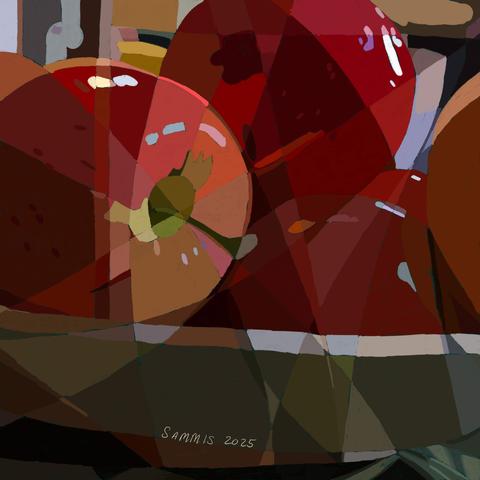 Abstract drawing of a bowl of apples.