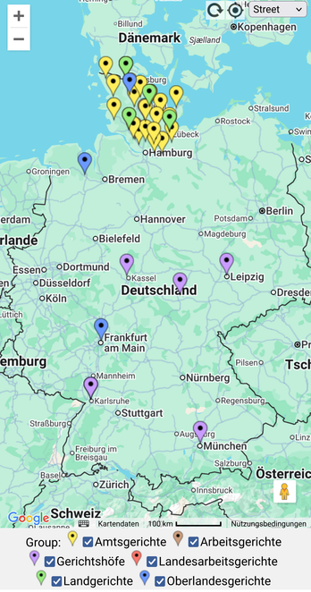 Eine Landkarte von Deutschland. Sie zeigt die Standorte aller auf Mastodon vertretenen Gerichte.