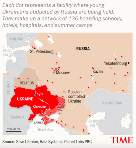 Karte, die zeigt von wo nach wo die ukrainische Kinder nach Russland entführt wurden.