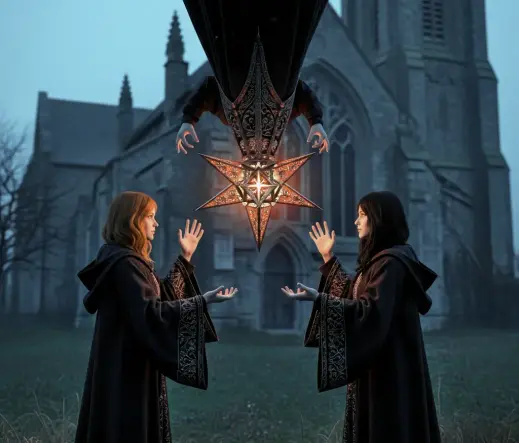 generata AI sfondo la chiesa, in secondo piano una stella capovolta rossa e in primo piano un paio di streghe giovani con le mani alzate per un rituale