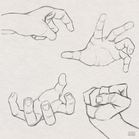 Digital graphite sketches of four different hands.