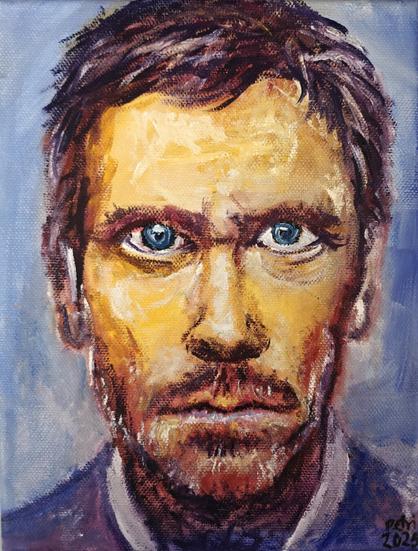 An oil painting of the actor Hugh Laurie as doctor House.
Colorful