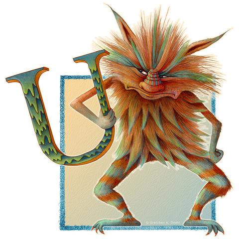 Graphite and colored pencil drawing of a - without a doubt - grumpy faced creature in spiky orange and blue green fur. Large frown and miserable eyes look sideways
while grasping with one hooked arm, its favorite letter, U. Furry, striped hair and long pointy ears complete this unhappy face. Awwwww...