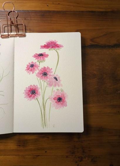 This is a watercolor painting of a bunch of anemones in portrait orientation in an A5 sketchbook. The flowers are various shades of pink with thicker more yellow green stems and scraggly little leaves coming from the base of some of the flowers. The centers are a dark warm blue.