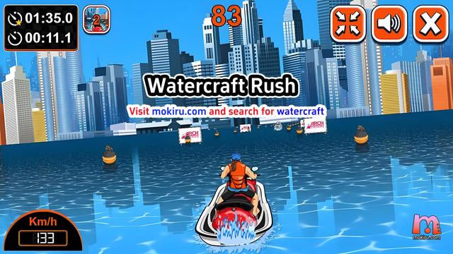 A jet ski racer speeds across a city waterfront at 133 km/h, navigating through buoys. The player is in second place with a score of 83. The background features tall skyscrapers under a clear blue sky. Game controls and timers are displayed on the screen.