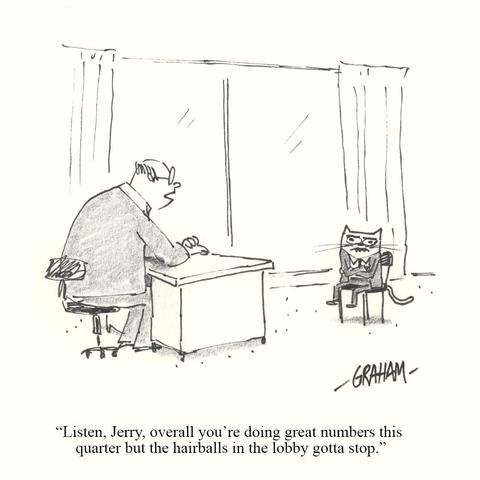 A cartoon illustration of a disgruntled looking cat wearing a suit sitting in his human boss's office as he receives a performance review. Caption reads "Listen, Jerry, overall you're doing great numbers this quarter but the hairballs in the lobby gotta stop."