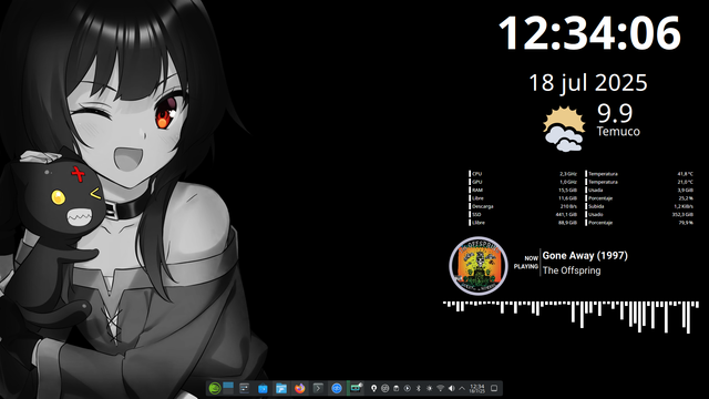 Escritorio de openSUSE Tumbleweed con KDE Plasma, usando fondo de Megumin en escala de grises con ojos a color. Muestra hora, fecha, clima en Temuco (9.9 °C), uso de CPU, GPU, RAM, SSD y red. Ahora incluye música sonando: “Gone Away”  de The Offspring, con portada del álbum y ecualizador animado. Estilo limpio y personalizado. Texto generado con IA