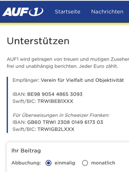 AUF1 mit Angabe von zwei Konten (eines in Belgien, eines in GB)