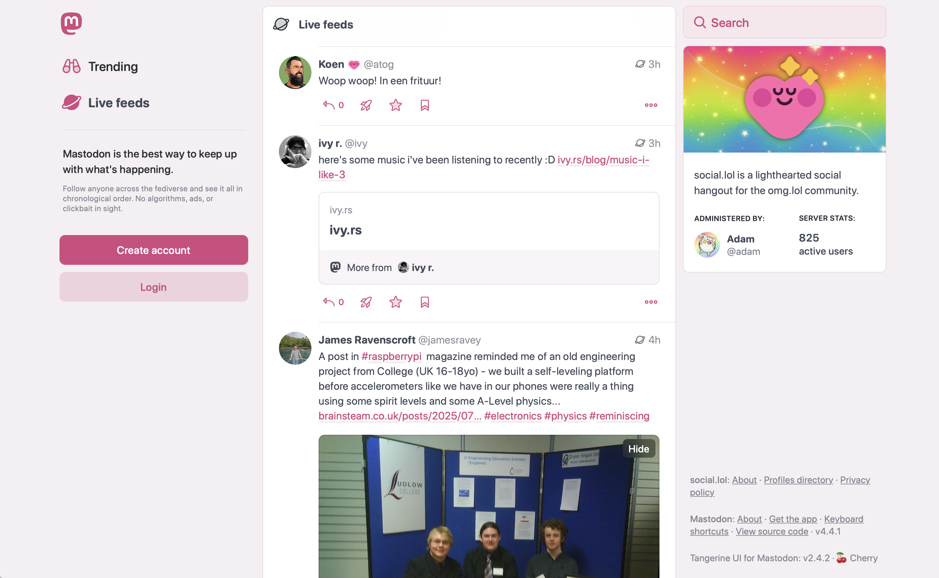 A screenshot of the social.lol timeline, styled in the beautiful pink tones of the Tangerine UI Cherry theme.