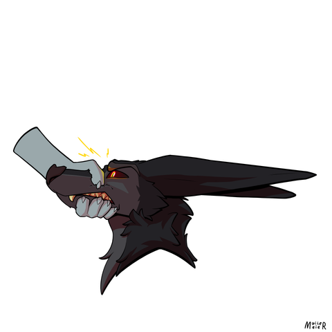 Digital drawing of a hand holding the snout of a furry bat shut. The bat has an angry expression.