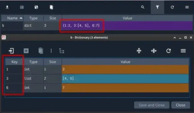 At the top, a Python dictionary shown in Spyder's Variable Explorer. At the bottom, the same dictionary shown with more details in the collection editor window that opens from the Variable Explorer. In both cases, the dictionary is shown sorted by insertion order.