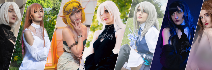 white haired girl, red haired girl, blonde girl, grey hair, black hair, brown hair, black outfits, white dresses, smiles