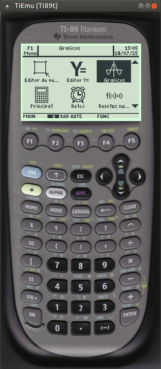 Emulador TiEmu de calculadora Texas Instruments TI-89 Titanium en castellano con aplicaciones privativas, corriendo en Ubuntu.