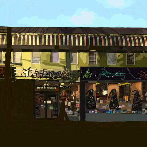 A green building with striped awning in late December sun. It's a book store. Inside are Christmas trees. Fairy lights are hanging from the neon sign. The piece is about 3/4 complete.
