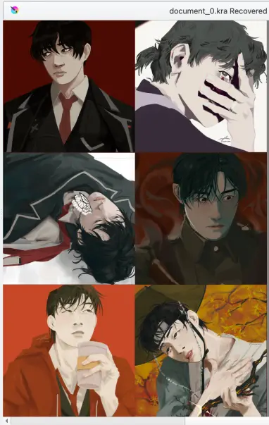 Six cropped illustrations of Yi Sang from Limbus Company, the first from 2023, three from 2024, and the last two from 2025.