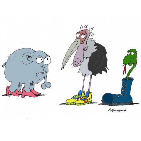 Elafant, Marabu und Schlange mit neuen Schuhen.