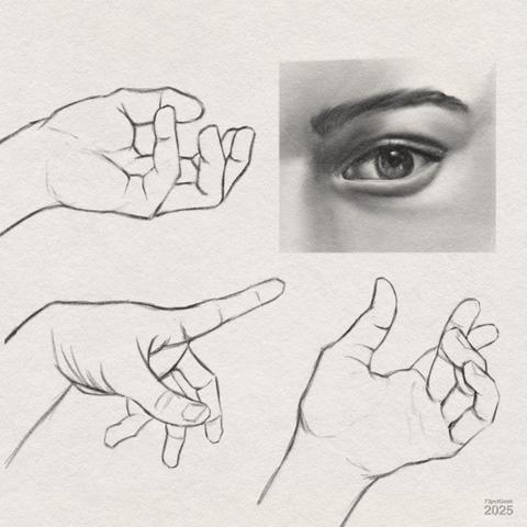Digital graphite sketches of three different hands, and an eye.