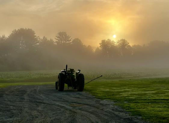 A tractor is mostly in shadow as an orange sun rises through morning mist on a farm. There is green grass in the foreground.