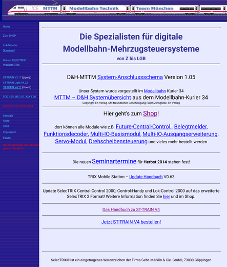 Screenshot der Hauptseite. Menüleiste links in dunkelblau, Hauptbereich hellblau.
Oben ein ICE über die Fensterbreite