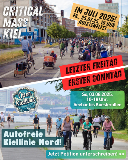 Zweigeteiltes Sharepic, oben ein Bild einer Critical Mass, unten ein Bild einer autofreien Kiellinie.
