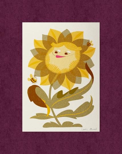 Fleur jaune qui sourit entourée de 2 abeilles
