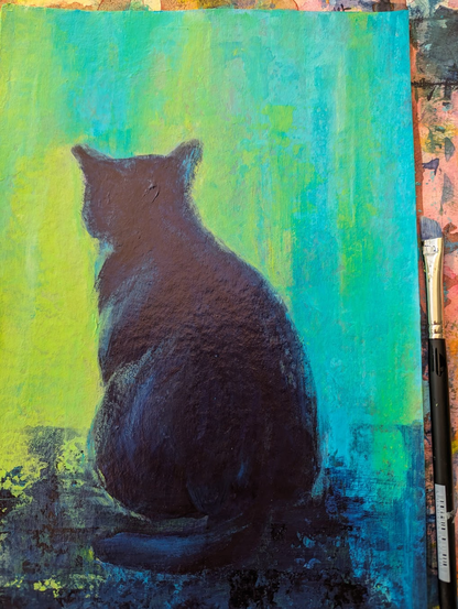 Katze beobachtet die Welt ist ein handgemaltes Acrylgemälde im Hochformat der Künstlerin Karen Kaspar.
Dargestellt ist eine schwarze Katze, die mit dem Rücken zum Betrachter vor einem strukturierten Hintergrund aus Blau- und Grüntönen sitzt.
Die Katze blickt in die Ferne, möglicherweise gedankenverloren oder die Welt beobachtend.
Das Bild vermittelt eine ruhige, nachdenkliche und etwas geheimnisvolle Stimmung.