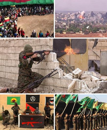 YPG Collage: Top left panel shows PYD supporters at a funeral. Top right panel shows Coalition airstrike on SIL position in Kobanî. Center panel shows IRPGF fighter in Tabqa. Bottom left panels shows an Announcement from the IRPGF. Bottom right panel shows Kurdish YPG fighters. By Derivative work: Mikelelgediento - Own workPYD funeral Afrin Syria.pngCoalition Airstrike on ISIL position in Kobane.jpgIRPGF fighters in Tabqa 1.jpgIRPGF Announcement.pngKurdish YPG Fighters (23625329446).png, CC BY-SA 4.0, https://commons.wikimedia.org/w/index.php?curid=60550127