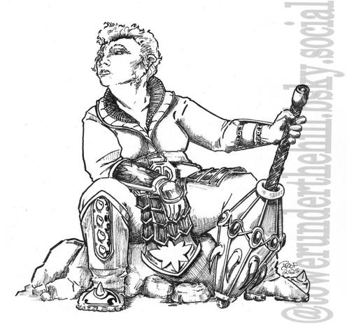 Regora Firstdaughter, former Minister of Battles, Upriser and Agitator. She is a stout dwarf with short hair and mutton chops, wearing layered clothing secured by a belt. She is missing her armored chestpiece and shoulder guards, but still wears her groin protector, spiked bots, and armguards. Her mace rests loosely in her left hand. Regora is seated upon some rocks, gazing up to her right (the viewer's left). 
Regora Firstdaughter, former Minister of Battles, Upriser and Agitator. She is a stout dwarf with short hair and mutton chops, wearing layered clothing secured by a belt. She is missing her armored chestpiece and shoulder guards, but still wears her groin protector, spiked bots, and armguards. Her mace rests loosely in her right hand. Regora is seated upon some rocks, gazing up to her right (the viewer's left).