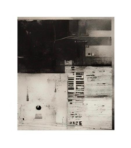 The image features a prominent letter "E" that appears fragmented or stylized. Surrounding the "E" are additional letterforms that are integrated into the abstract design. The background consists of various textures, including dark and light areas, with a circular black shape and vertical lines that resemble a window or door. The overall composition is layered, with different patterns and surfaces that create a sense of depth. The use of black and white emphasizes the contrast between the elements, making the letterforms and shapes stand out against the background.