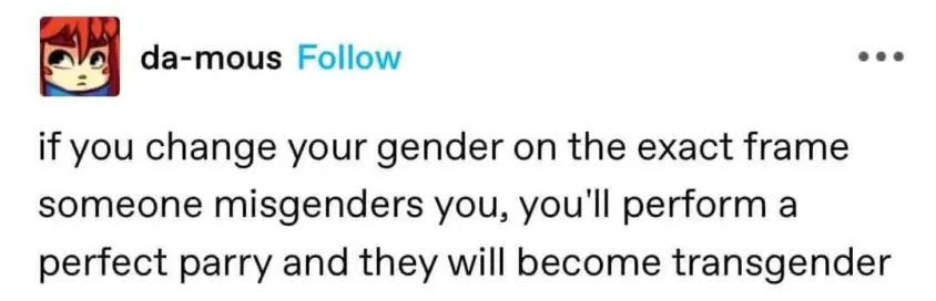 post from da-mous on tumblr

if you change your gender on the exact frame someone misgenders you, you'll perform a perfect parry and they will become transgender