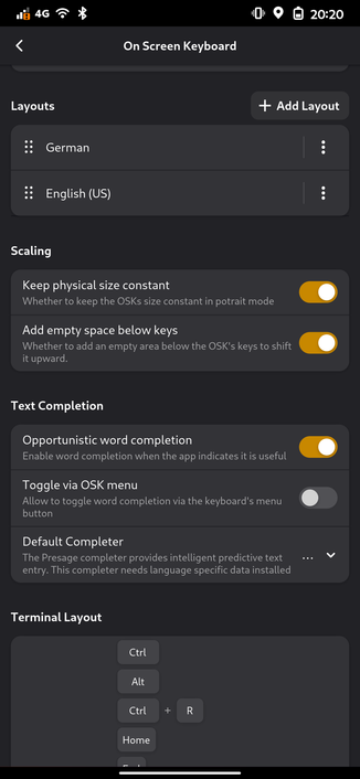 A screenshot of phosh-mobile-settings's OSK panel. It shows two switches to configure the keyboard's scaling: 
- keep physical size constant
- add empty space below keys