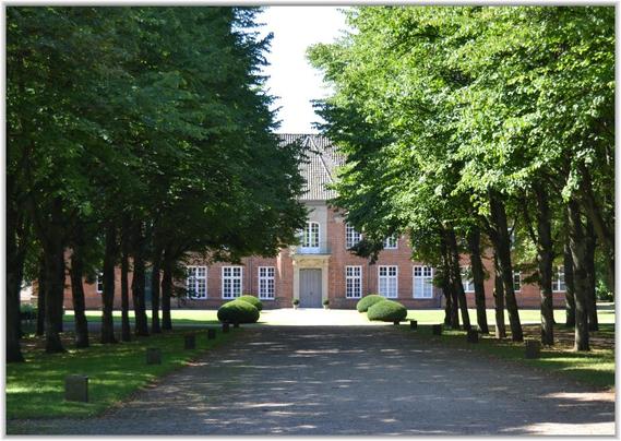 Das Bild zeigt einen langen, von Bäumen gesäumten Weg, der auf ein großes, herrschaftliches Gebäude zuführt. Das Gebäude ist aus roten Ziegeln gebaut und wirkt imposant und elegant. Die Bäume stehen symmetrisch auf beiden Seiten des Weges und bilden eine grüne Allee. Vor dem Gebäude befinden sich zwei niedrig geschnittene Büsche, die die Symmetrie betonen. Der Weg ist schlicht und scheint aus Schotter oder Kies zu bestehen.