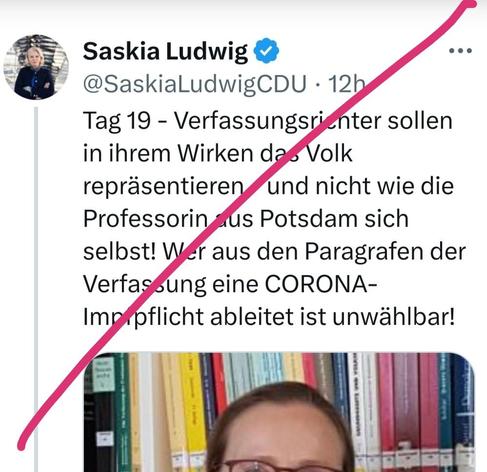 Heutiger tweet von 
" @SaskiaLudwigCDU " :


"Tag 19 - Verfassungsrichter sollen in ihrem Wirken das Volk
repräsentieren - und nicht wie die Professorin aus Potsdam sich selbst! Wer aus den Paragrafen der
Verfassung eine CORONA-
Impfpflicht ableitet ist unwählbar! "