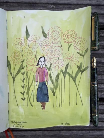 Sketch in sketchbook of me wandering o a field of fantasy flowers which are towering above me